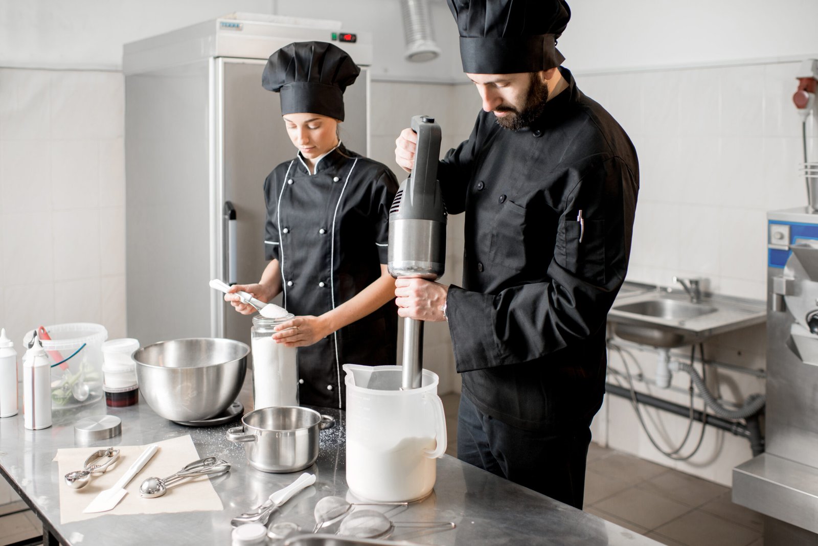 Chef cook with young woman assistant making ice cream together mixing ingredients in the professional kitchen of the small manufacturing
