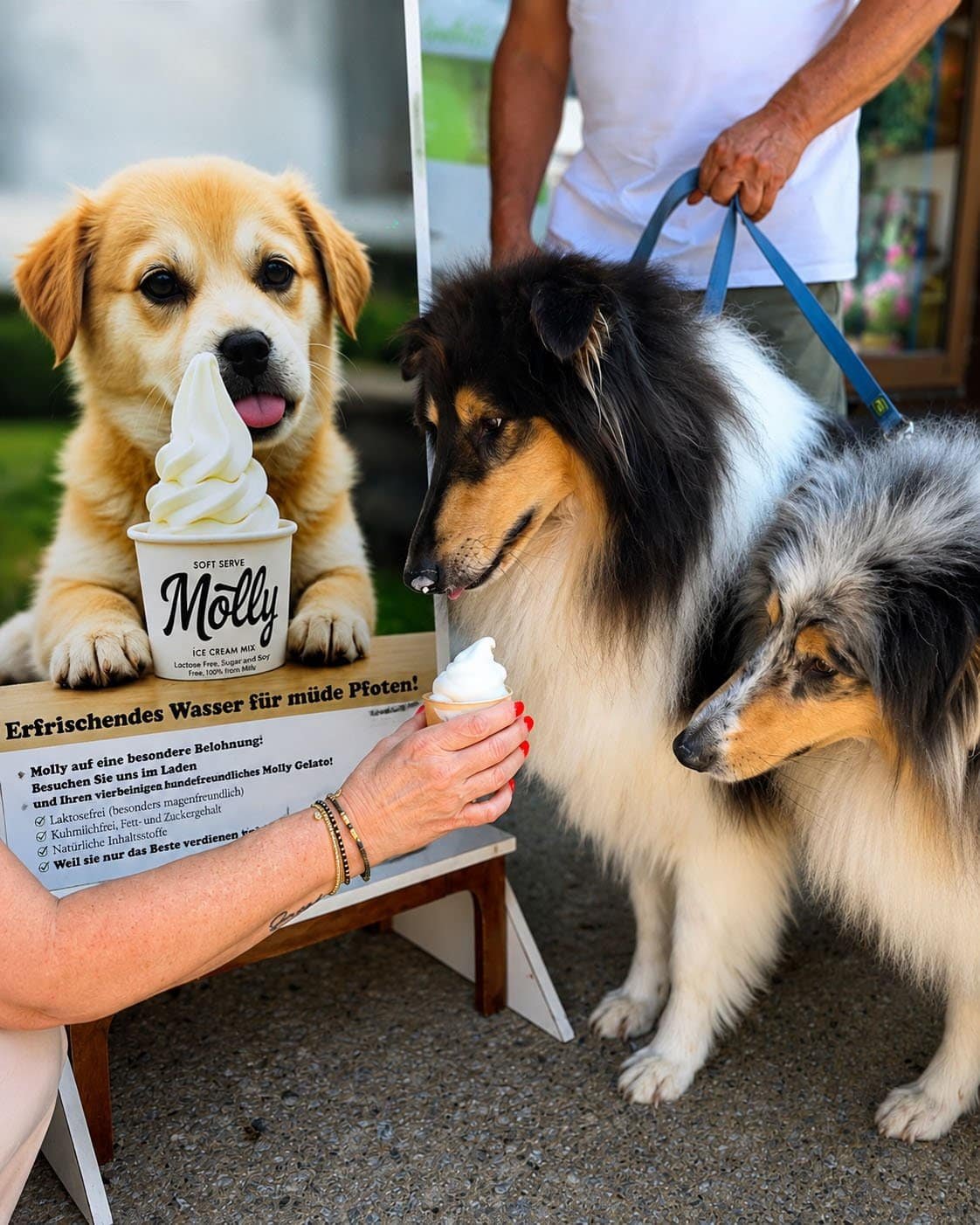 Dogs trying Molly dog-friendly soft serve at Der Süße Stopp in Pertisau am Achensee